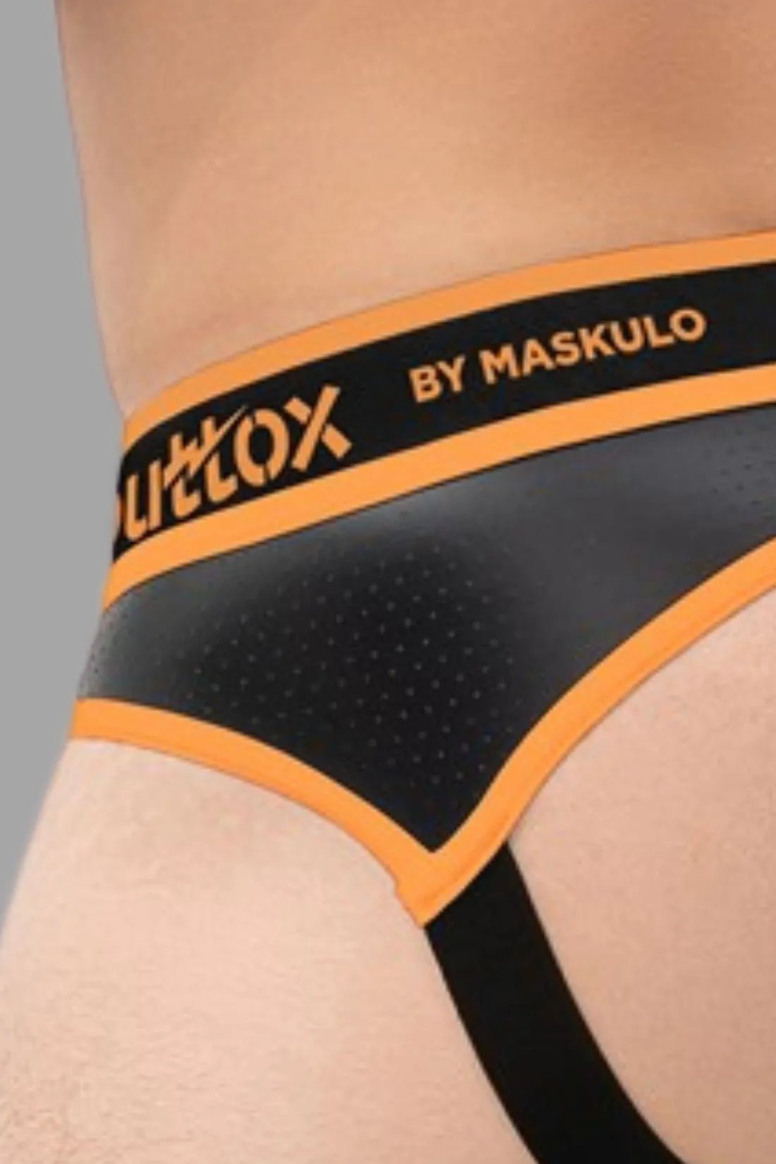 Outtox by Maskulo Open Rear Briefs with Snap Codpiece in Orange, size M. New male adult underwear, SKU XBR113-Y2.