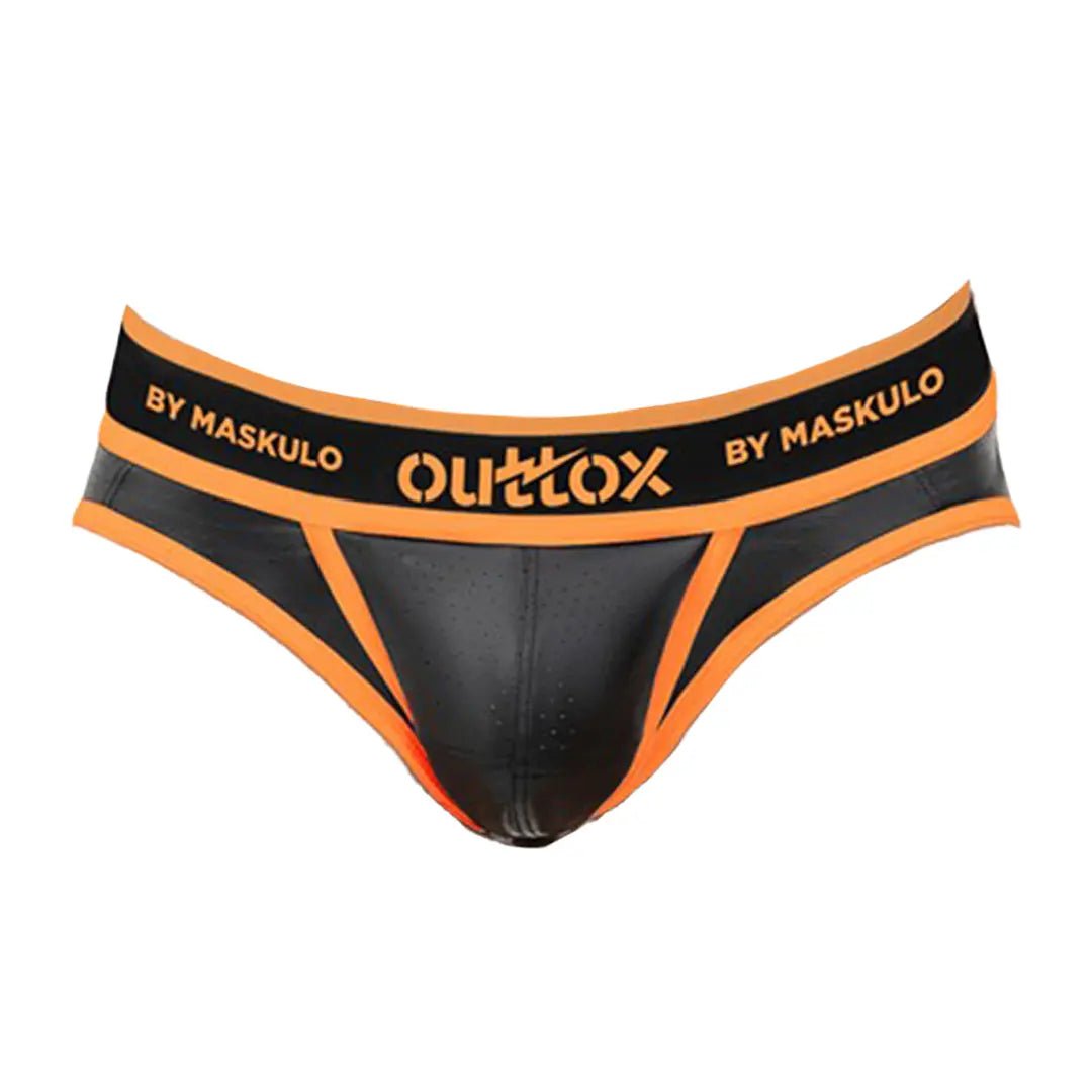 Outtox by Maskulo orange open rear briefs with snap codpiece (XBR113-Y3) in L size for men, displayed on a model in a fashion studio setting.