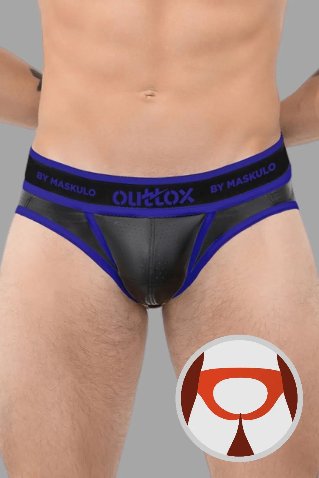 Outtox by Maskulo Open Rear Briefs, blue/black, with snap codpiece in leather-looking perforated stretch material. Underwear.