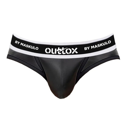 Maskulo Outtox Wrapped Rear Briefs with Snap Codpiece in Black. Fetish leather-look underwear with slotted backwrap for easy access.