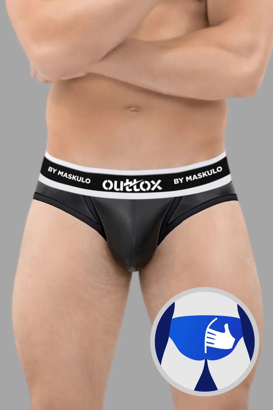 Maskulo Outtox Wrapped Rear Briefs with Snap Codpiece in Black. Fetish leather-look underwear with slotted backwrap for easy access.