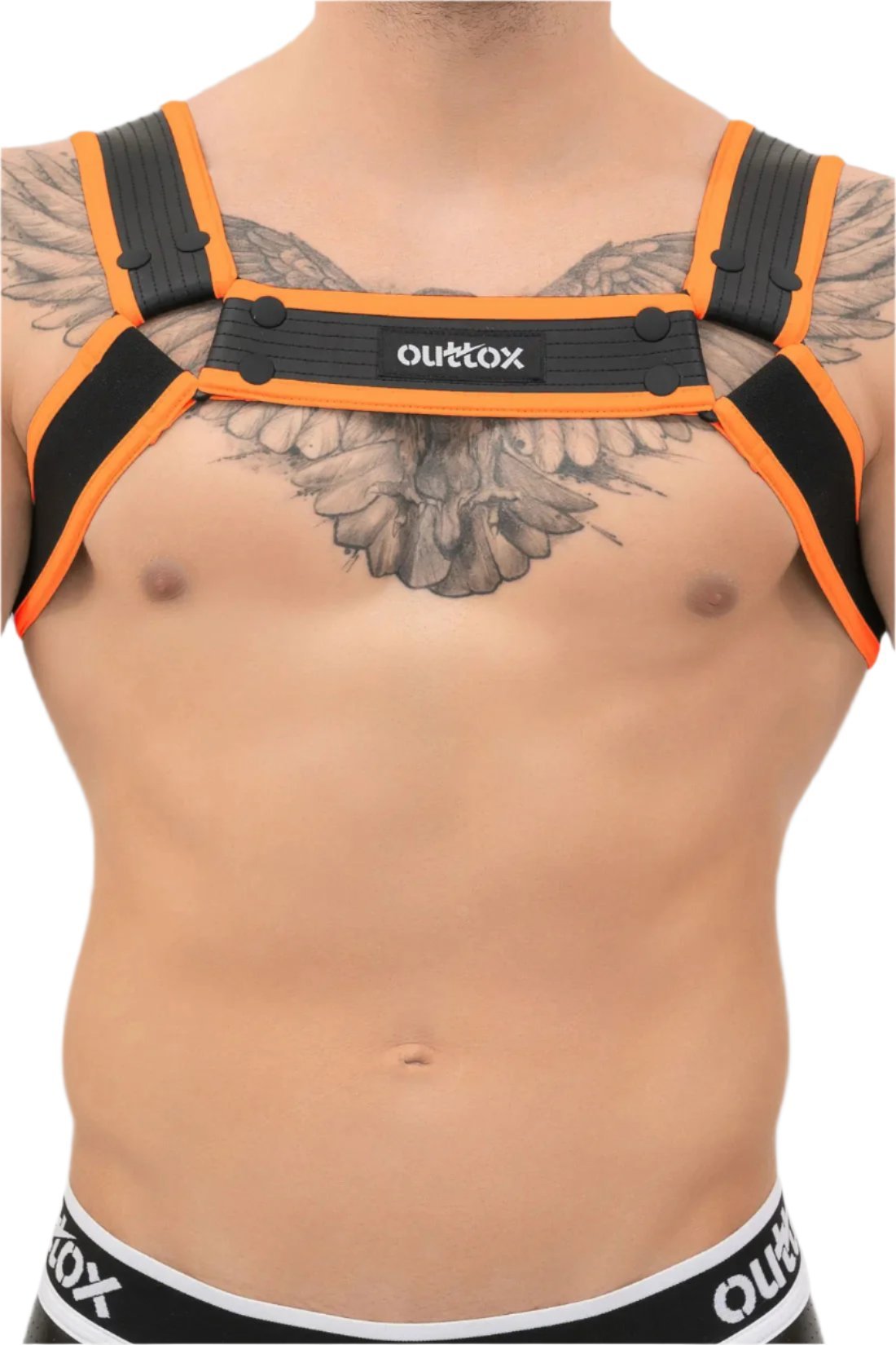Maskulo Outtox Bulldog Harness with snaps in black and red. Stylish accessory for bold looks, adjustable fit, comfortable wear.