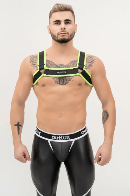 Black and neon green Outtox Bulldog Harness with snaps from Maskulo Global (EU) Store. An eye-catching accessory for adults.