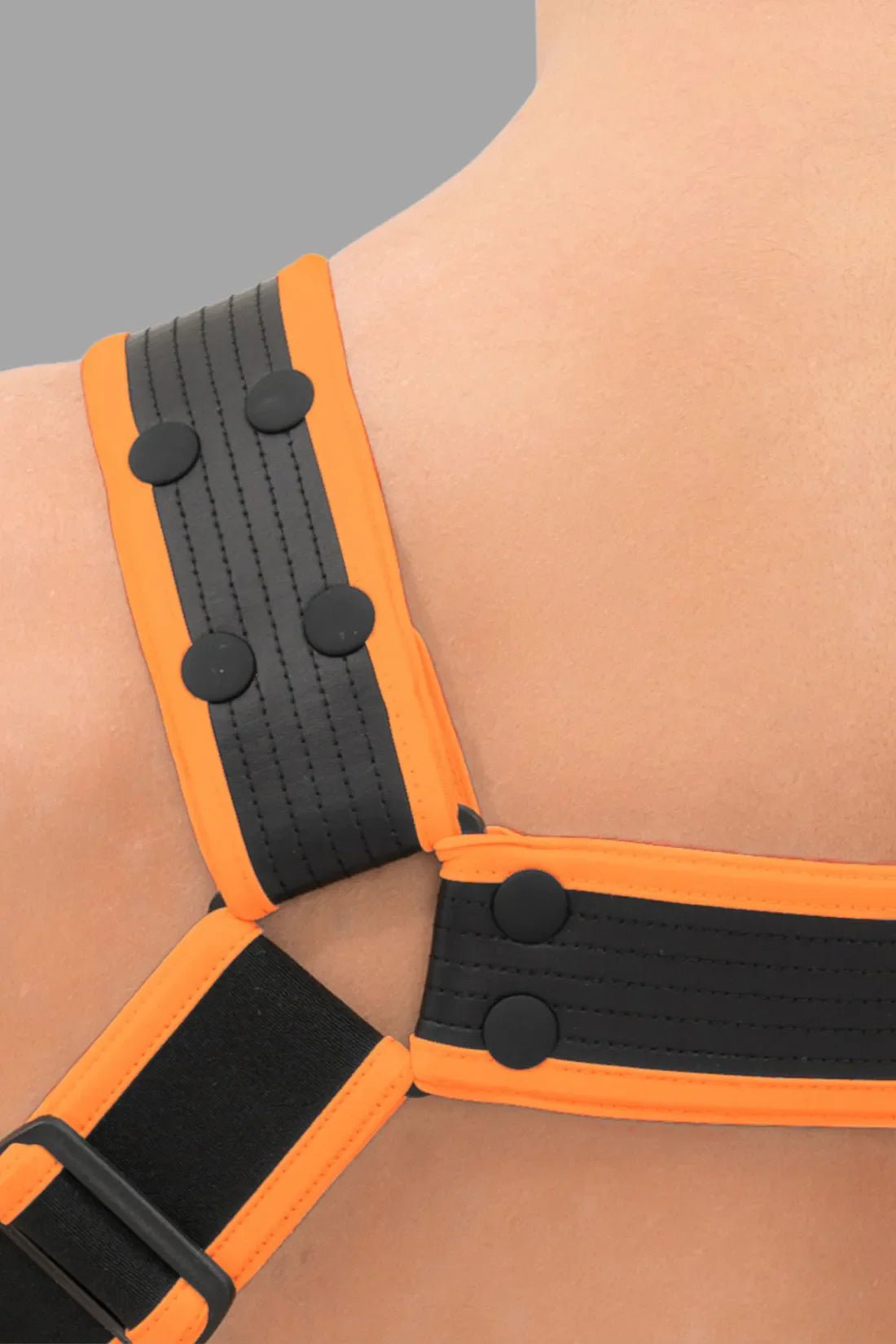 Black and orange body harness with snaps by Outtox from Maskulo Global (EU) online store. Accessory, new, for adult males.