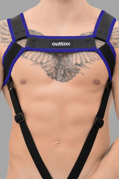 Outtox Body Harness in Black and Blue with snaps. Polyester/polyurethane/elastane blend. Adjustable, comfortable fit, integrated cockring.
