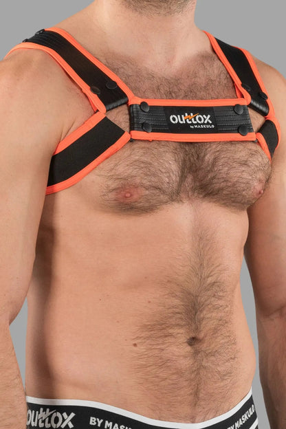 Outtox Maskulo Bulldog Harness with Snaps, Black and Orange, size L. Ideal for Maskulo Global (EU) online store.