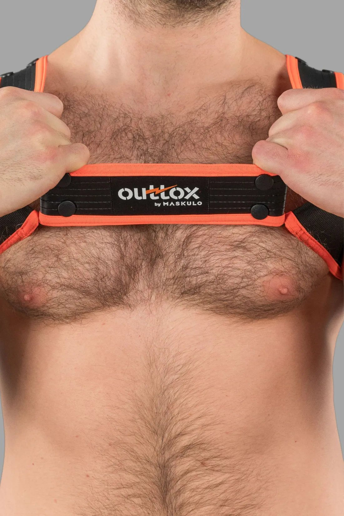 Outtox Maskulo Bulldog Harness with Snaps, Black and Orange, size L. Ideal for Maskulo Global (EU) online store.