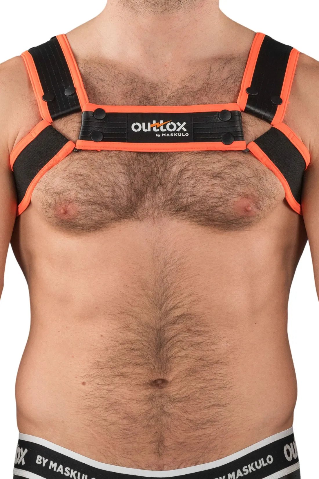 Outtox Maskulo Bulldog Harness with Snaps, Black and Orange, size L. Ideal for Maskulo Global (EU) online store.