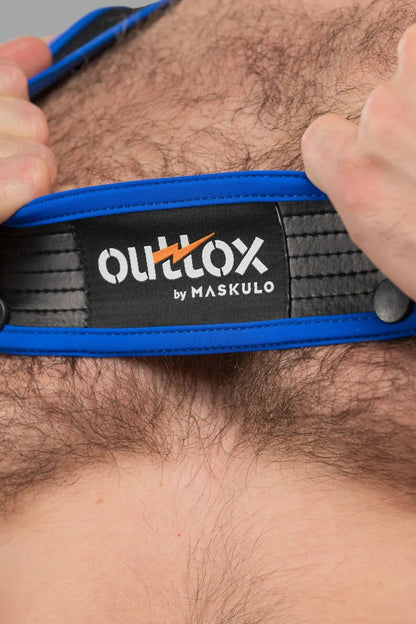 Outtox by Maskulo body harness with snaps in black and blue. Stylish and secure accessory from the Maskulo Global (EU) online store.