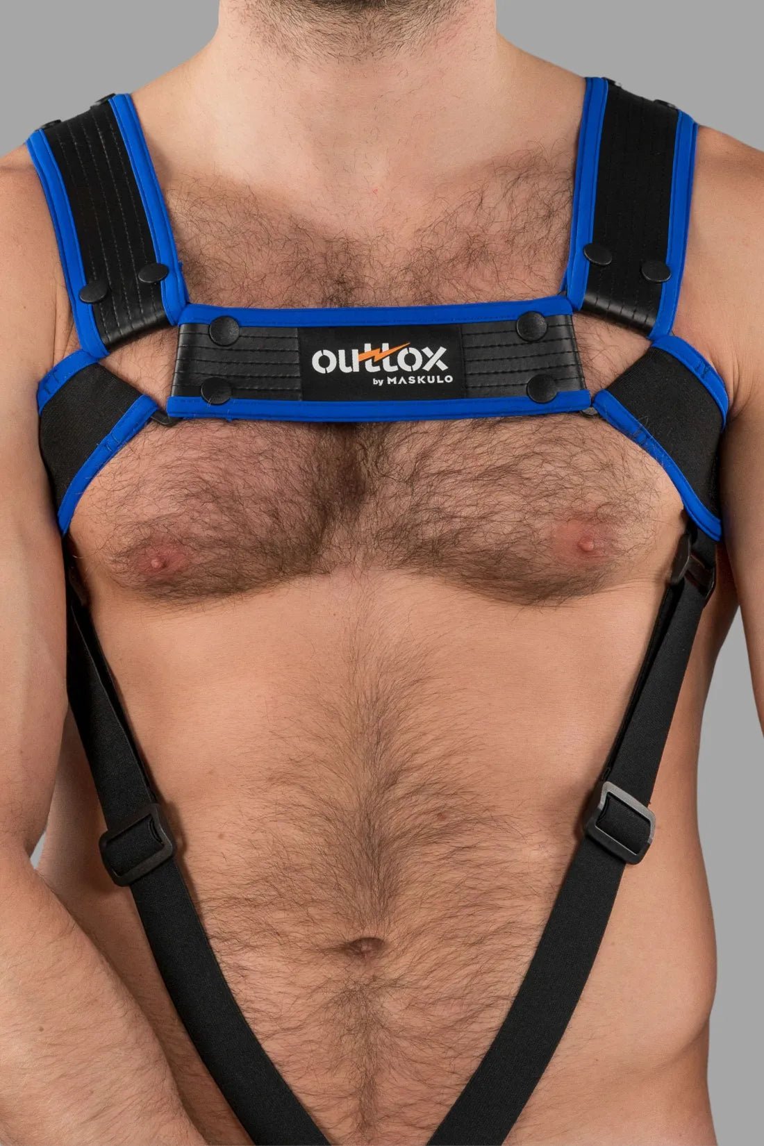 Black and blue body harness with snaps by Outtox/Maskulo, size L. Comfortable and stylish accessory for men. SKU: XHR123-Y3.