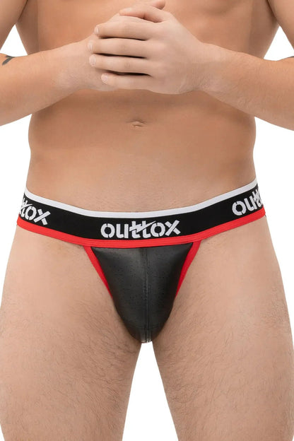 Outtox jockstrap with snap-on codpiece, black and red design (XJS102), available in size M for 35 EUR at Maskulo Global.