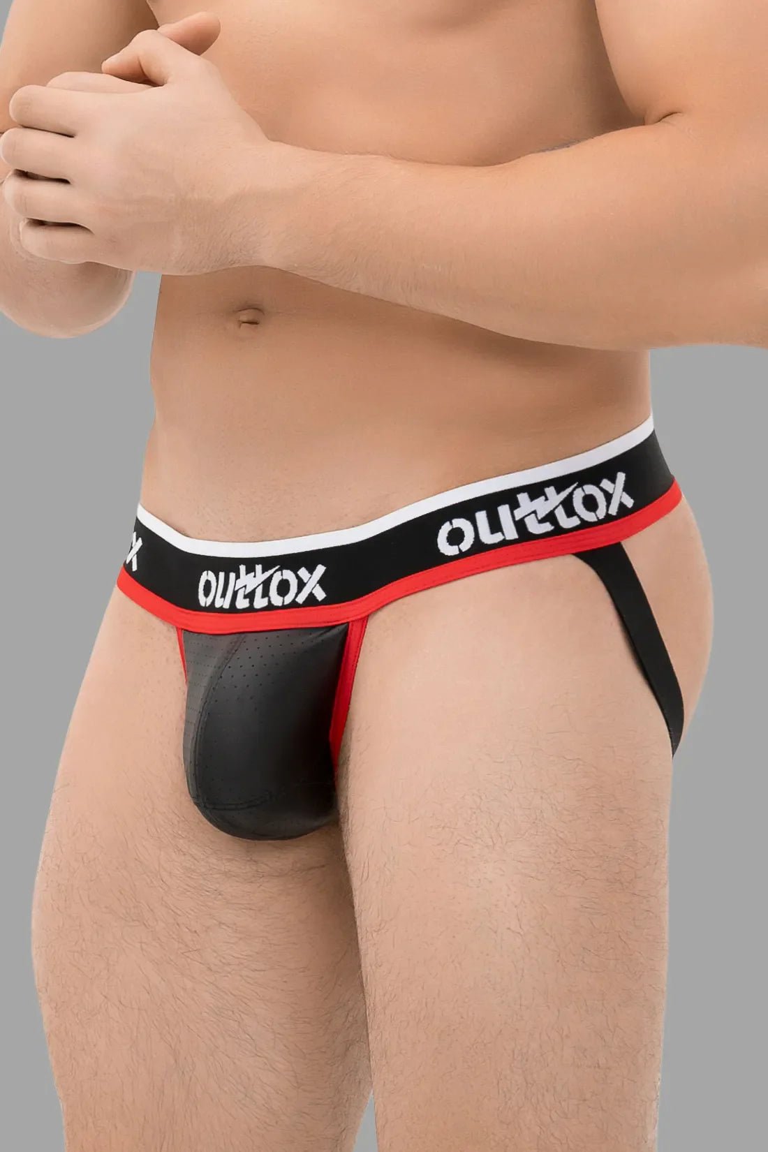 Outtox jockstrap with snap-on codpiece, black and red design (XJS102), available in size M for 35 EUR at Maskulo Global.