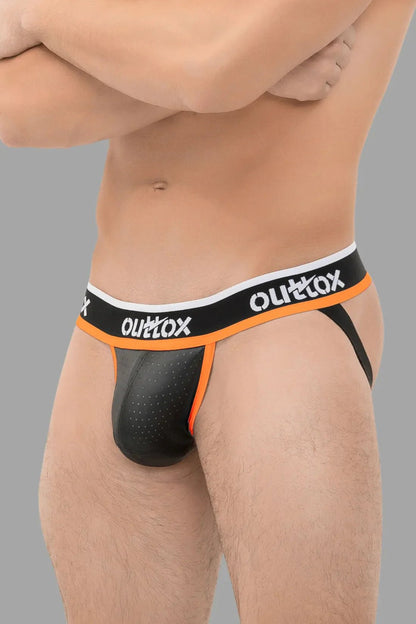 Outtox Black &amp; Orange Jockstrap w/ Snap Codpiece. Polyester/PU eco leather for comfort &amp; breathability. Maskulo Global EU Store.