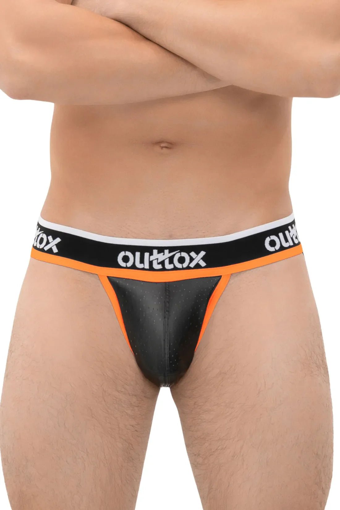 Outtox Black &amp; Orange Jockstrap w/ Snap Codpiece. Polyester/PU eco leather for comfort &amp; breathability. Maskulo Global EU Store.