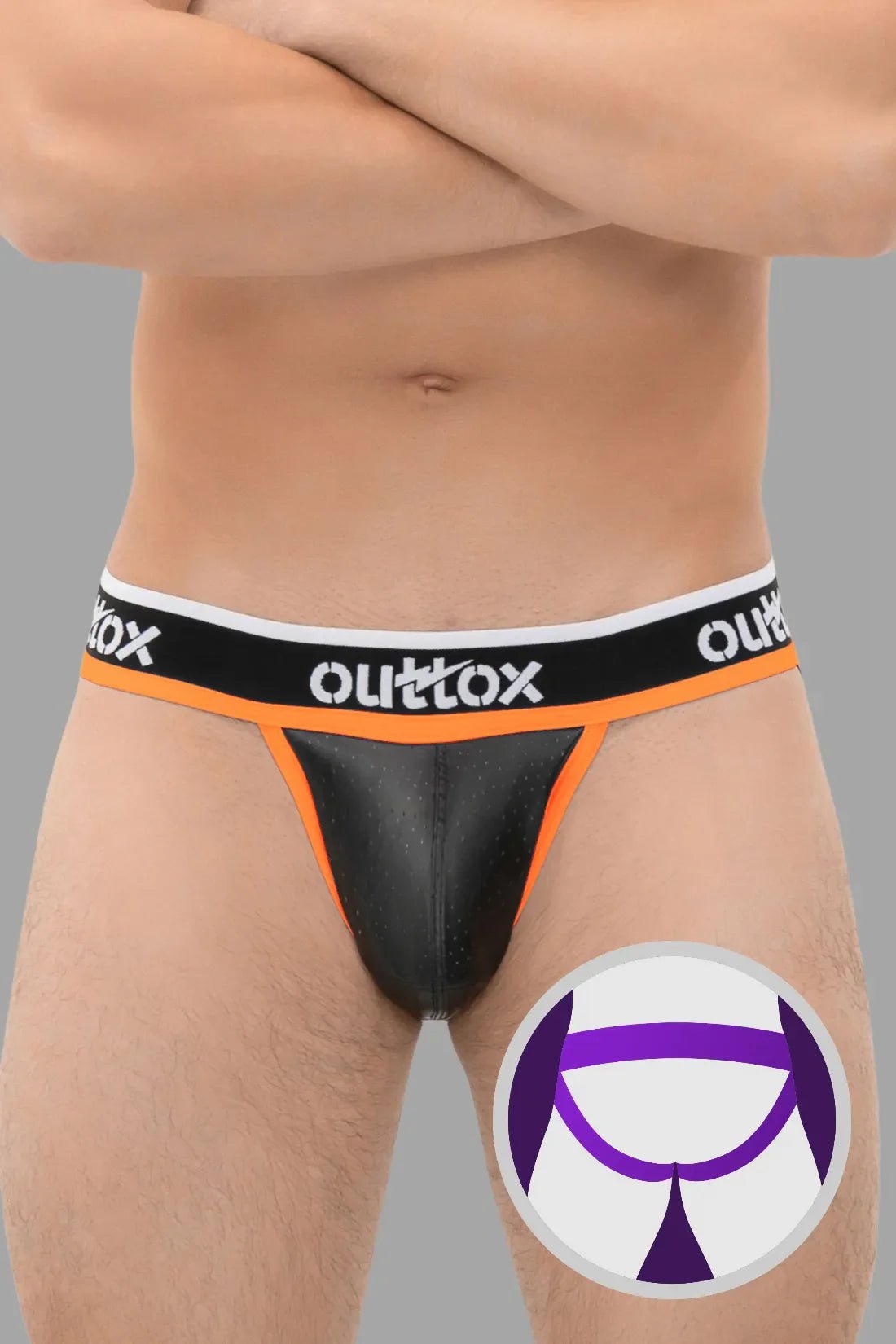 Outtox Black &amp; Orange Jockstrap w/ Snap Codpiece. Polyester/PU eco leather for comfort &amp; breathability. Maskulo Global EU Store.