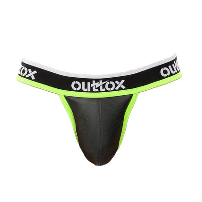 Maskulo Outtox jockstrap with snap codpiece in black and neon green, an accessory for men, available from Maskulo Global store.