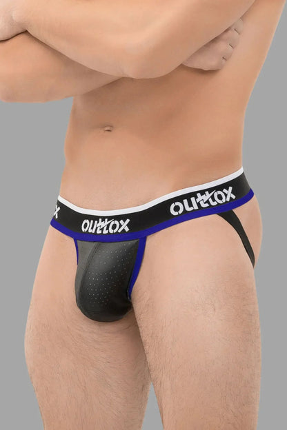 Maskulo Outtox Jock with Snap Codpiece in Black and Royal Blue. An edgy accessory for men from the Maskulo Global online store.