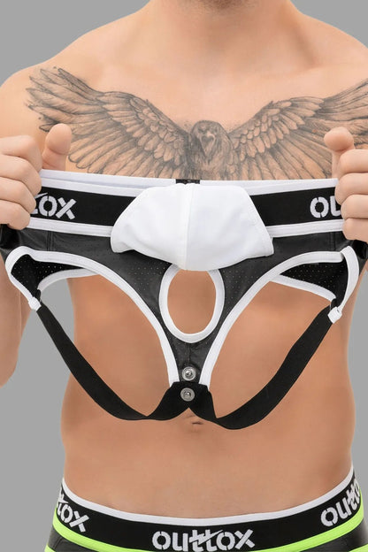 Maskulo Outtox Jockstrap with Snap Codpiece in Black and White. Stylish and comfortable men&