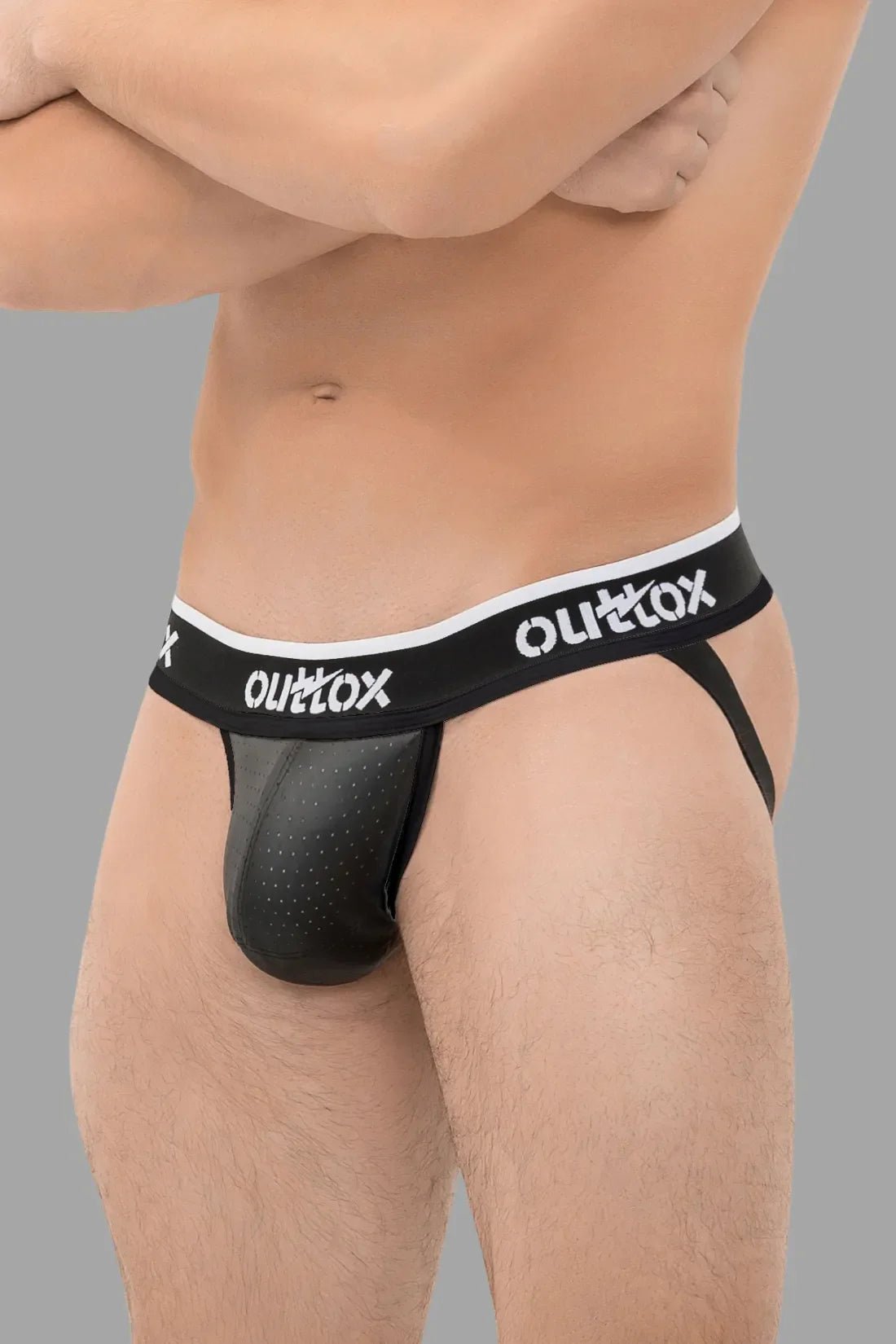 Maskulo Outtox Jock with Snap Codpiece in Black (Style XJS107, JS170-90). New male adult accessory.