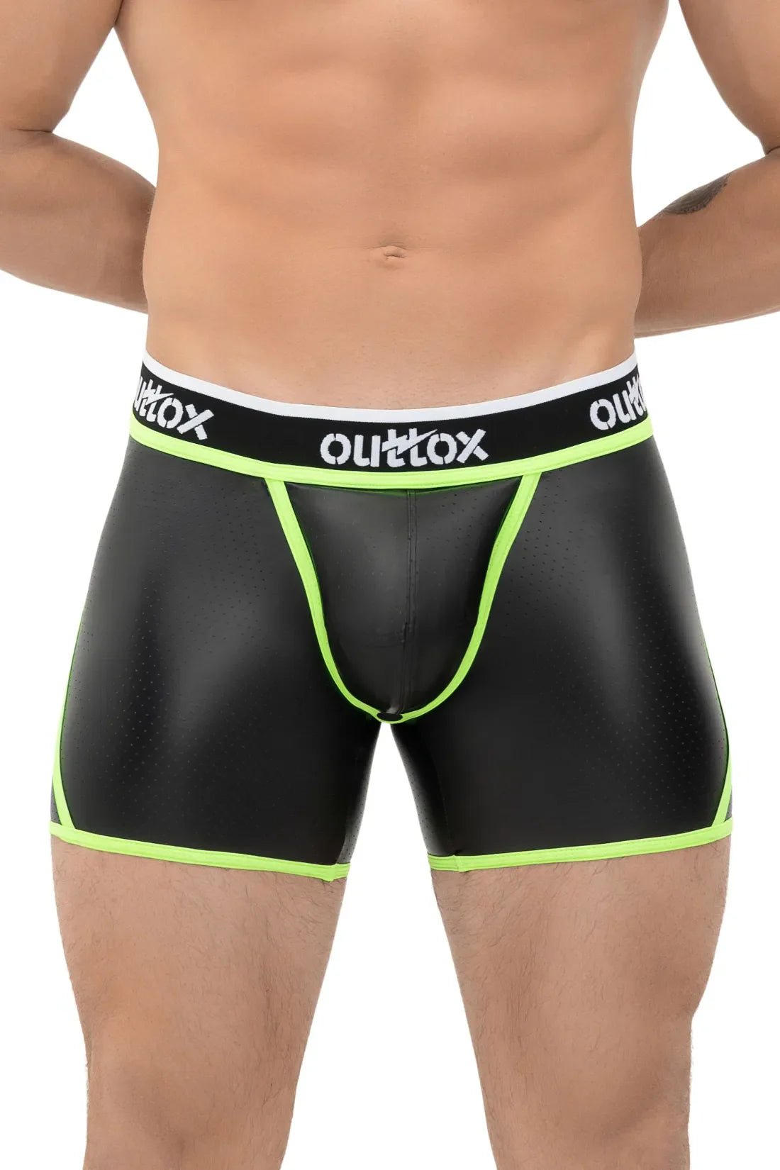 Outtox Black/Green Open Rear Shorts with Snap Codpiece. Polyester/PU eco leather blend for comfort &amp; durability. Style XSH107.