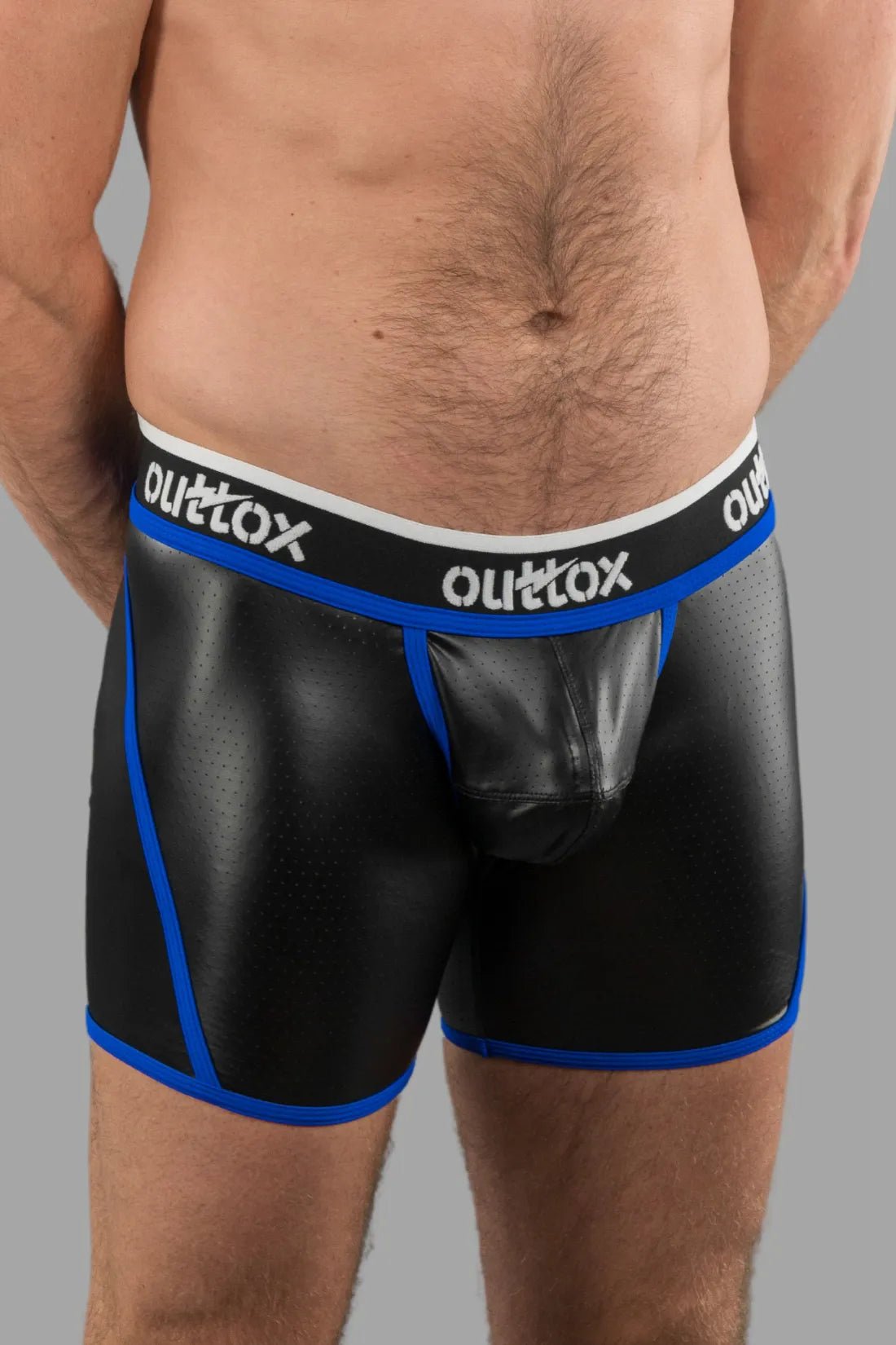 Outtox Open Rear Shorts in Black and Blue. Features a snap codpiece, perforated PU eco leather material, logo waistband, and open rear.