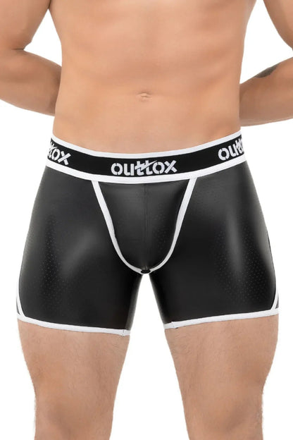 Outtox wrap rear short tights with snap codpiece in black and orange from Maskulo Global (EU) online store. Durable fashion for adults.
