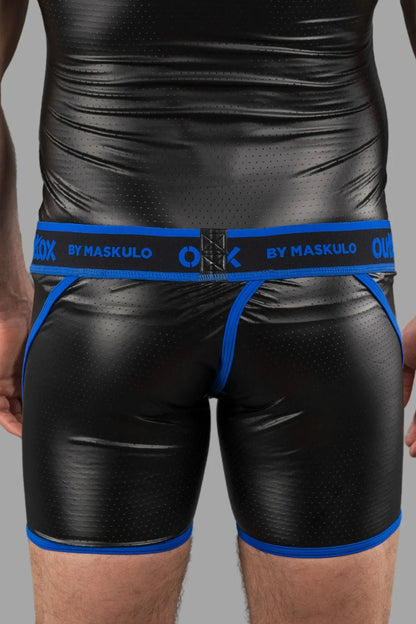 Outtox by Maskulo Wrapped Rear Shorts in black and blue with snap codpiece. Perforated PU eco leather, polyester blend. Shorts.