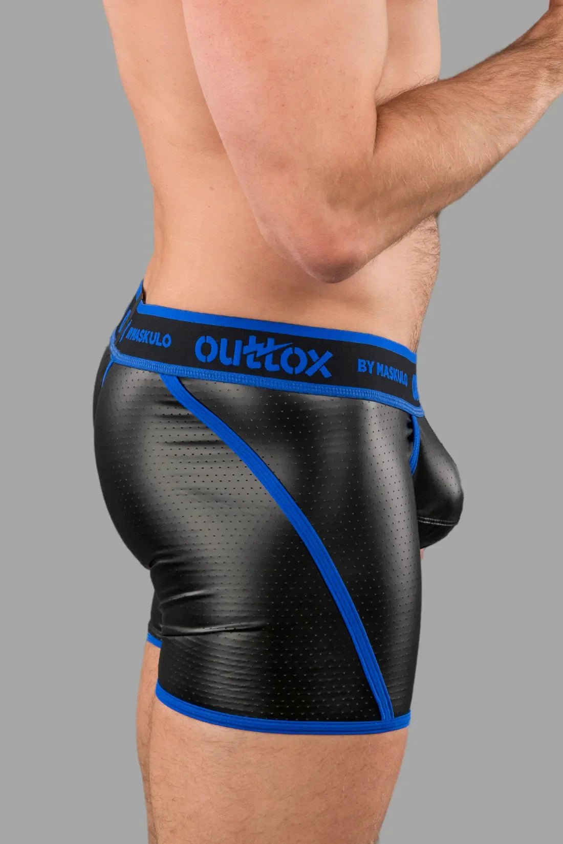 Outtox by Maskulo Wrapped Rear Shorts in black and blue, featuring a snap codpiece and perforated PU eco leather material.