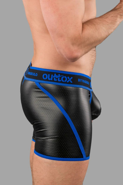 Outtox by Maskulo Wrapped Rear Shorts in black and blue, featuring a snap codpiece and perforated PU eco leather material.