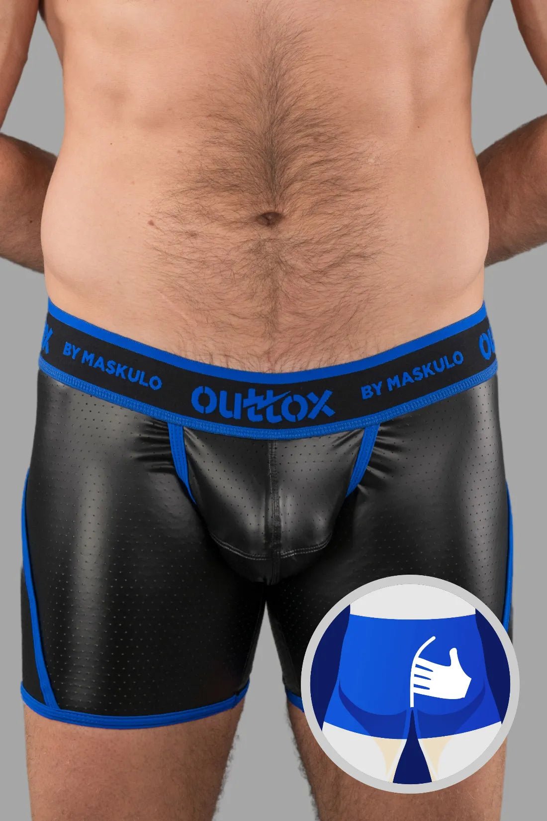 Outtox by Maskulo Wrapped Rear Shorts in black and blue, featuring a snap codpiece and perforated PU eco leather material.
