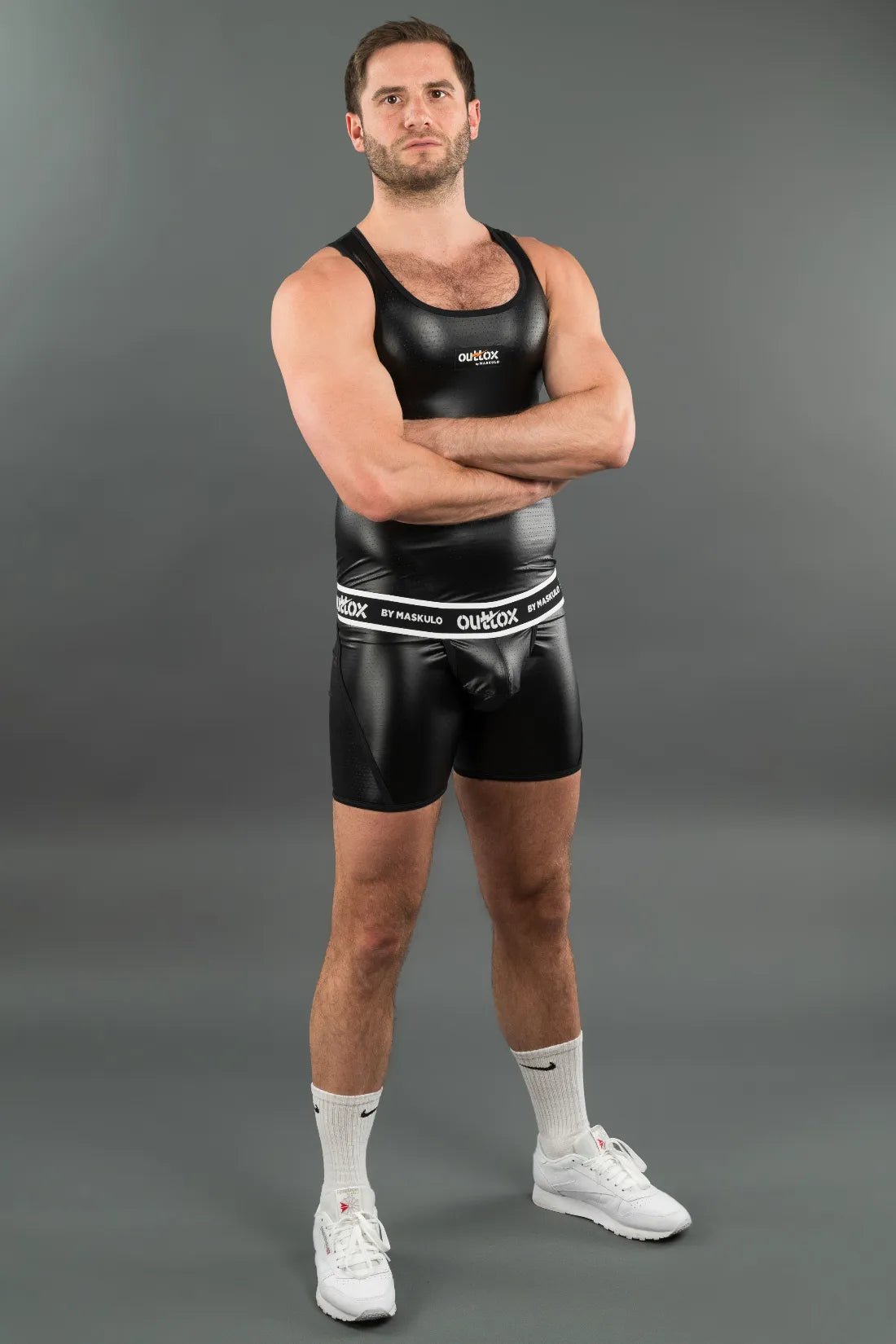 Black Outtox Maskulo wrapped rear shorts with snap codpiece from Maskulo Global (EU) online store. Durable fetish wear.