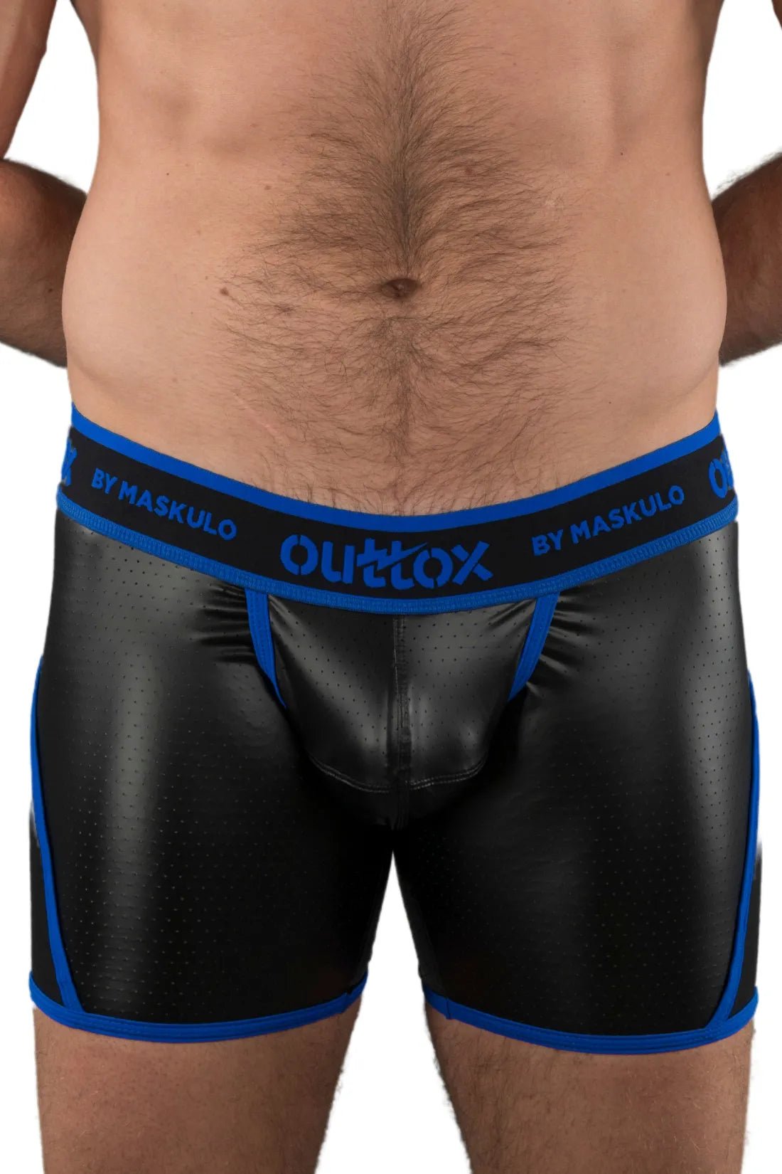 Outtox by Maskulo Open Rear Shorts with Codpiece in Black and Blue, male adult new condition, SKU XSH119-Y3, product image.