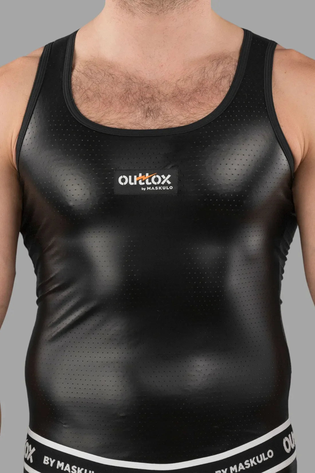 Outtox by Maskulo black tight-fit tank top, made of polyester, polyurethane, and elastane blend, featuring perforated PU eco leather and a PVC logo.