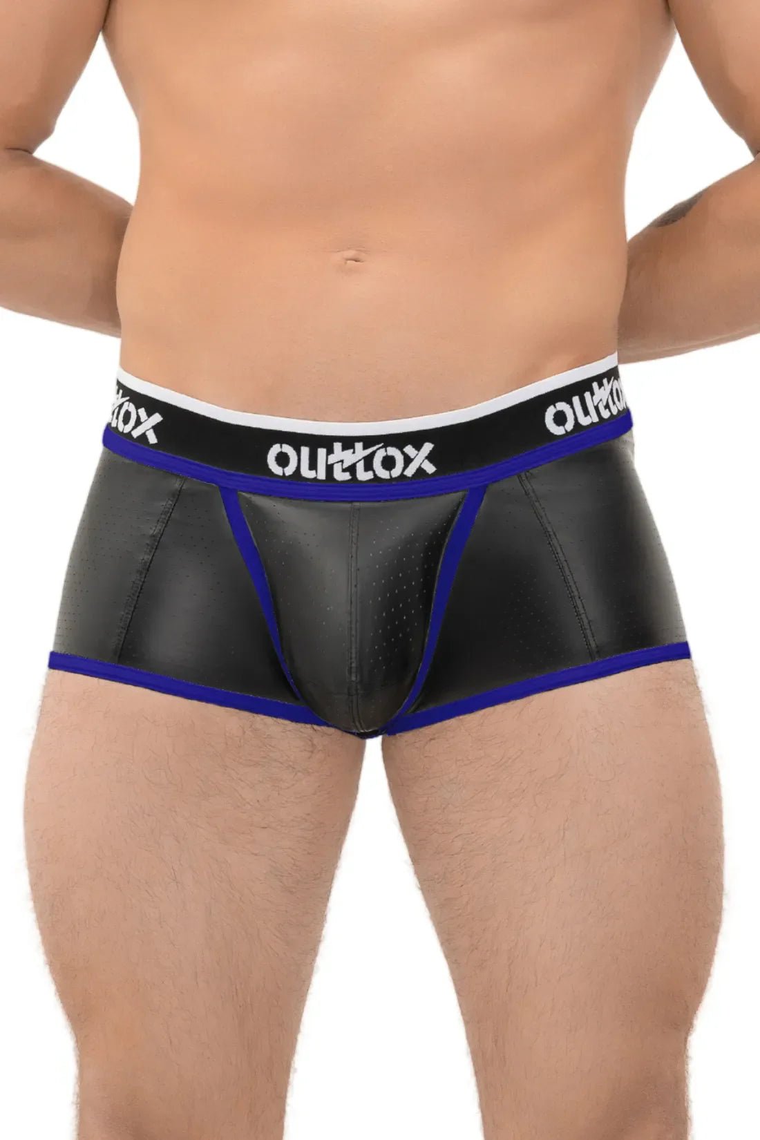 Outtox Black/Blue Open Rear Trunk Shorts by Maskulo, featuring perforated stretchable PU eco leather, snap codpiece, and logo waistband.