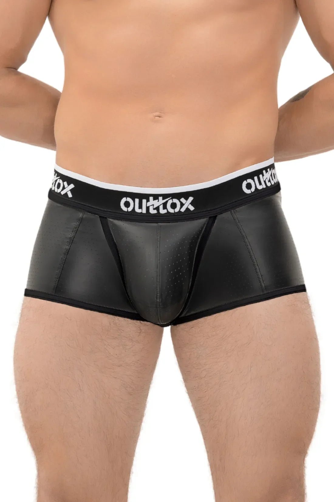 Outtox Black Shorts, open rear trunk design with snap codpiece. Polyester/polyurethane/elastane blend, perforated eco leather, by Maskulo.