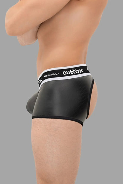 Maskulo Outtox open rear trunk shorts with snap codpiece in black, back view. Men&