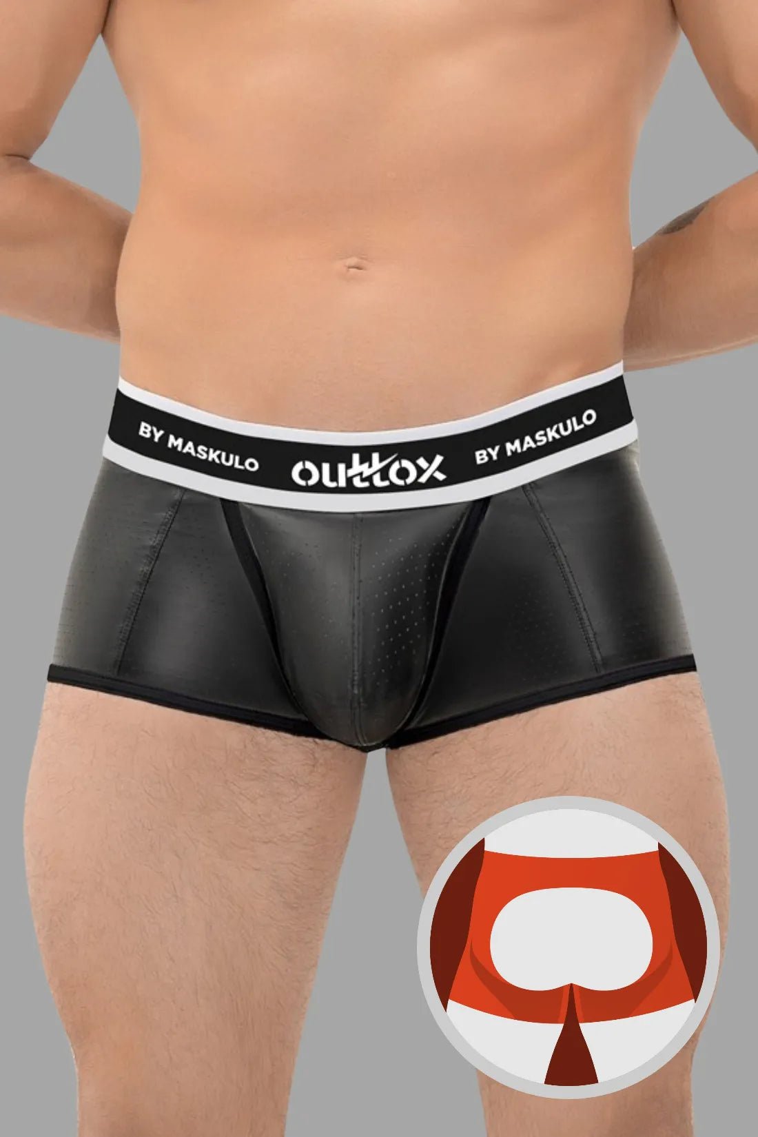 Outtox by Maskulo Open Rear Trunk Shorts with Snap Codpiece in Black, featuring perforated PU eco leather material and waistband logo.