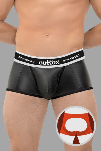 Outtox by Maskulo Open Rear Trunk Shorts with Snap Codpiece in Black, featuring perforated PU eco leather material and waistband logo.